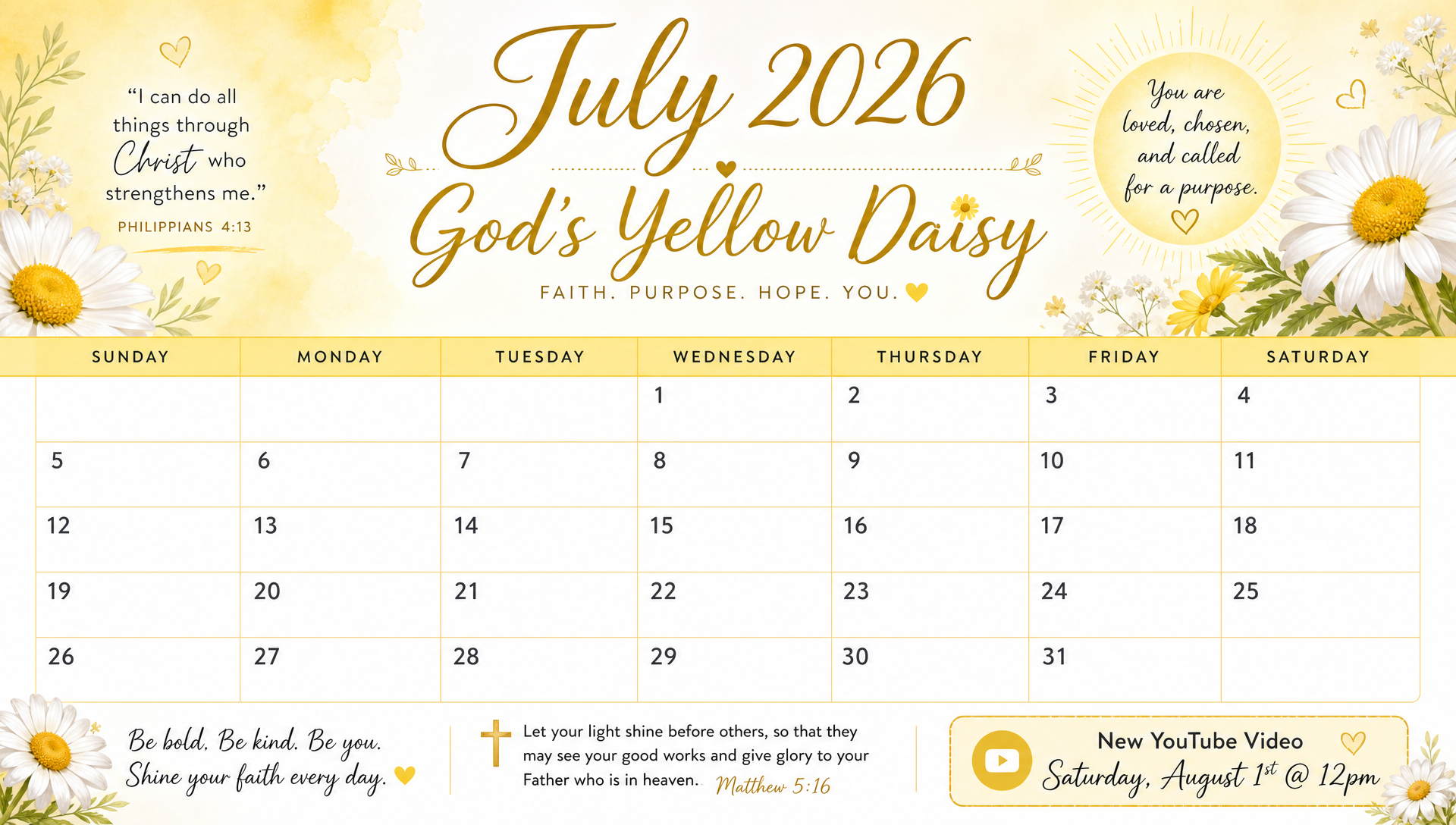 God Yellow Daisy monthly calendar