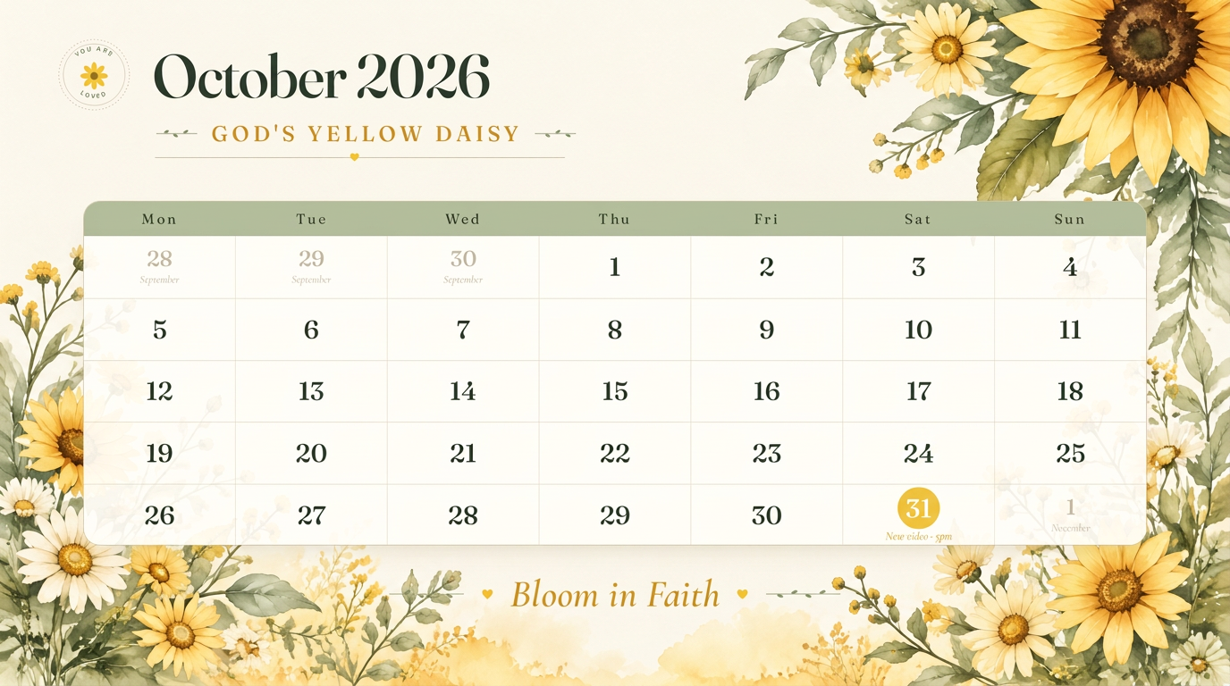God's Yellow Daisy October 2026 calendar with a new video on Saturday October 31 at 5 PM
