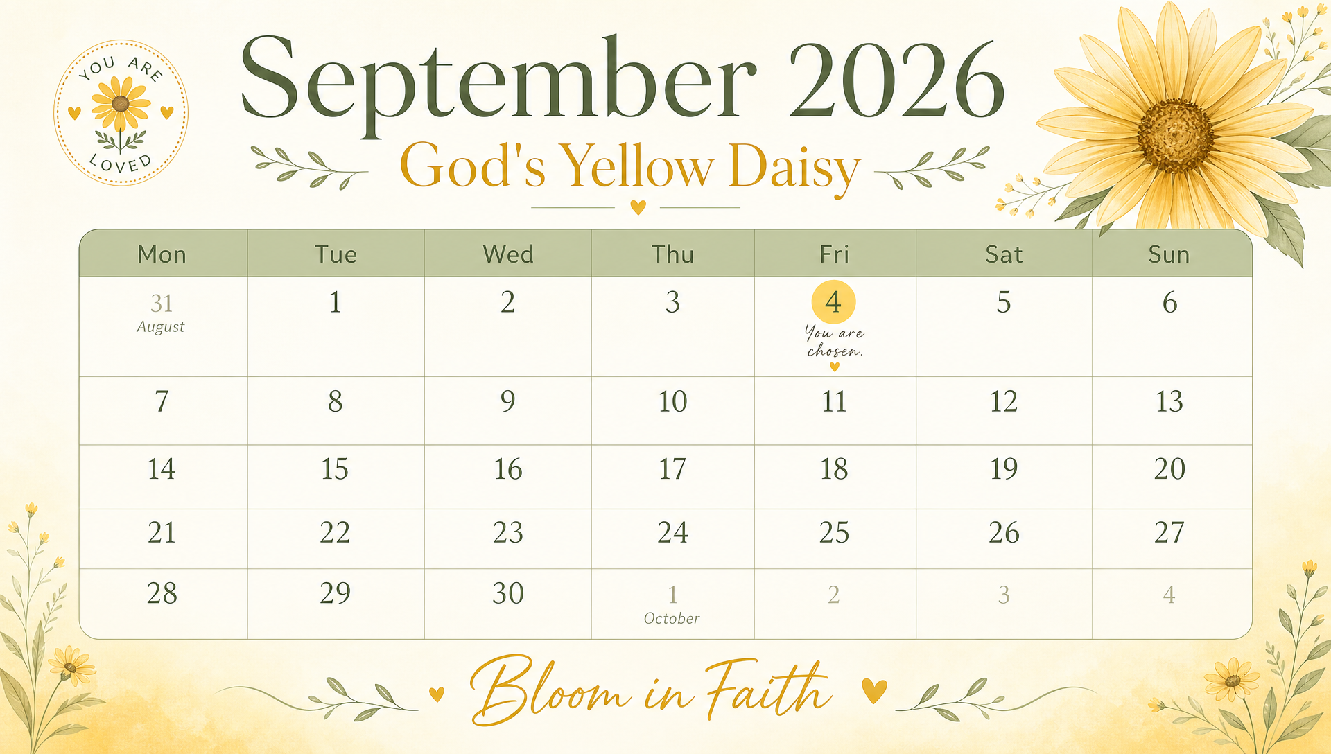 God's Yellow Daisy monthly calendar