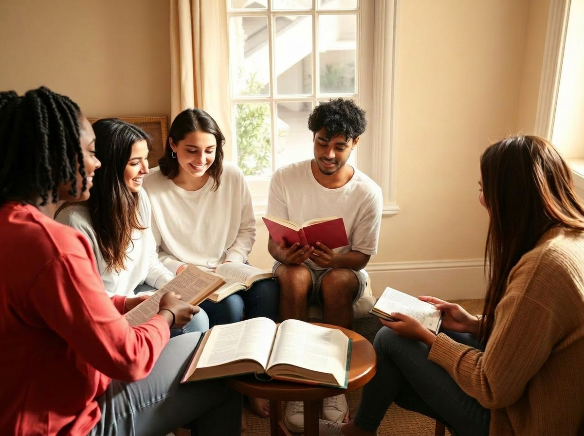 A diverse group of young adults gathered in a Bible study